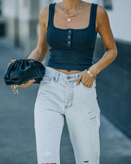Selina Henley Crop Tank - Washed Black