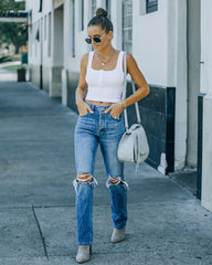 Selina Henley Crop Tank - White