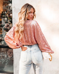 Sequin Sweetheart Billowed Crop Blouse - Rose Gold