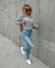 Set The Tone Cotton Blend Stripe Sweatshirt - Heather Grey