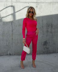 Setting Trends Satin Pocketed Straight Leg Pants - Fuchsia