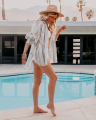 Seville Cotton Pocketed Striped Button Down Top - Blue