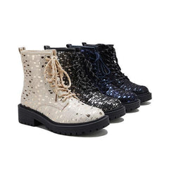 Sexy Sequin Lace-Up Ankle Chunky Heel Boots