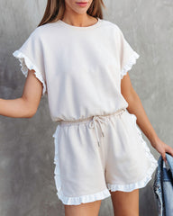 Shelly Cotton Ruffle Trim Top - Beige