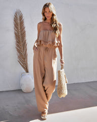 Shore Thing Babe Strapless Pocketed Frayed Hem Jumpsuit - Mocha