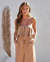 Shore Thing Babe Strapless Pocketed Frayed Hem Jumpsuit - Mocha