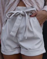 Slay With Sweetness Faux Leather Waist Tie Pocketed Shorts - Ecru