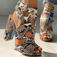 Snakeskin Ankle Buckled Chunky Heels