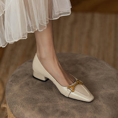 Soft Leather Metallic Buckle Low Heels