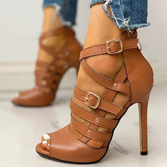 Solid Hollow Out Ankle Strap Thin Heeled Sandals