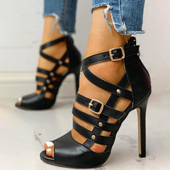 Solid Hollow Out Ankle Strap Thin Heeled Sandals