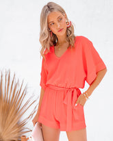 Spring Scene Pocketed Tie Romper - Bright Coral