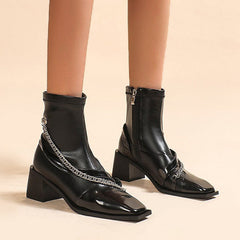 Square Toe Chain Block Heeled Ankle Booties