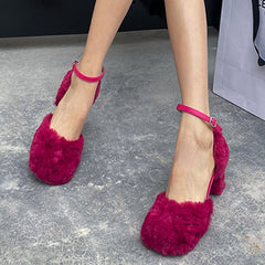 Square Toe Fuzzy Chunky Heeled Lace-Up Pumps