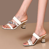 Square Toe Rhinestone High Heeled Sandals