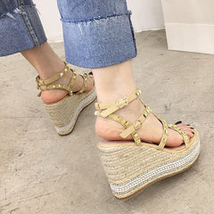 Stud Straps Open Toe Clogs Wedge Heel Sandals