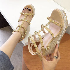 Stud Straps Open Toe Clogs Wedge Heel Sandals