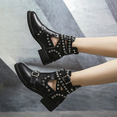 Studded Cut Out Buckle Strap Chunky Heel Boots