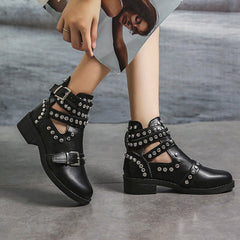 Studded Cut Out Buckle Strap Chunky Heel Boots