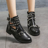 Studded Cut Out Buckle Strap Chunky Heel Boots