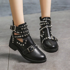 Studded Cut Out Buckle Strap Chunky Heel Boots