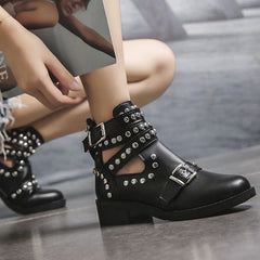 Studded Cut Out Buckle Strap Chunky Heel Boots