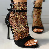 Studded Grid Mesh Open Toe Thin Heels