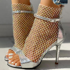 Studded Grid Mesh Open Toe Thin Heels