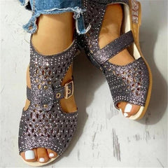 Studded Hollow Out Peep Toe Buckled Sandals