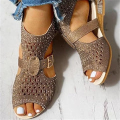 Studded Hollow Out Peep Toe Buckled Sandals