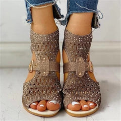 Studded Hollow Out Peep Toe Buckled Sandals