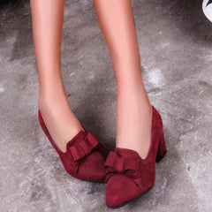 Suede Block Heel Pumps Bowknot Round Toe Slip on Dress Shoes