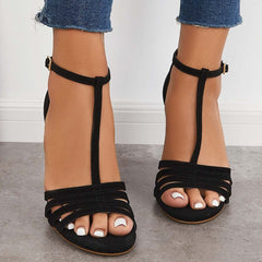 Suisecloths Block Chunky High Dress Heels Open Toe Ankle T-Strap Sandals