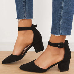 Suisecloths Block Low Heel Pumps Pointed Toe Ankle Buckle Strap Heels