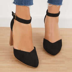 Suisecloths Casual Chunky Block High Heel Pumps Pointed Toe Ankle Strap Heels
