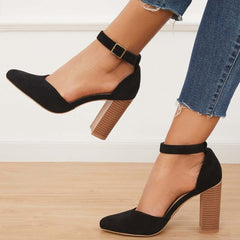 Suisecloths Casual Chunky Block High Heel Pumps Pointed Toe Ankle Strap Heels