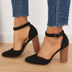 Suisecloths Casual Chunky Block High Heel Pumps Pointed Toe Ankle Strap Heels