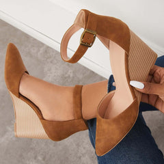 Suisecloths Classic Ankle Strap Wedges Pointed Toe Stacked Heel Dress Pumps