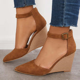 Suisecloths Classic Ankle Strap Wedges Pointed Toe Stacked Heel Dress Pumps