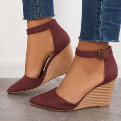 Suisecloths Classic Ankle Strap Wedges Pointed Toe Stacked Heel Dress Pumps