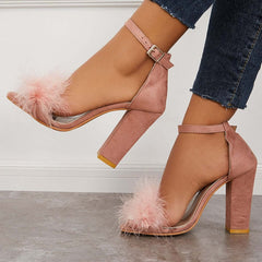Suisecloths Fluffy Chunky Block High Heel Sandals Ankle Strap Dress Pumps