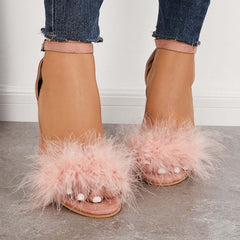 Suisecloths Fluffy Chunky Block High Heel Sandals Ankle Strap Dress Pumps