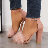 Suisecloths Fluffy Chunky Block High Heel Sandals Ankle Strap Dress Pumps