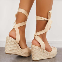 Suisecloths Lace up Espadrille Heel Platform Wedges Ankle Strap Sandals