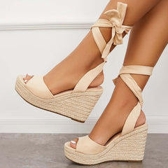 Suisecloths Lace up Espadrille Heel Platform Wedges Ankle Strap Sandals