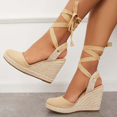 Suisecloths Lace up Espadrille Wedges Platform Heel Singback Sandals