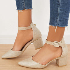 Suisecloths Low Chunky Block Heel Pumps Pointed Toe Ankle Strap Heels
