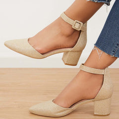 Suisecloths Low Chunky Block Heel Pumps Pointed Toe Ankle Strap Heels