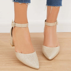 Suisecloths Low Chunky Block Heel Pumps Pointed Toe Ankle Strap Heels