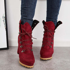 Suisecloths Non Slip Chunky Platform High Heels Lace Up Ankle Boots